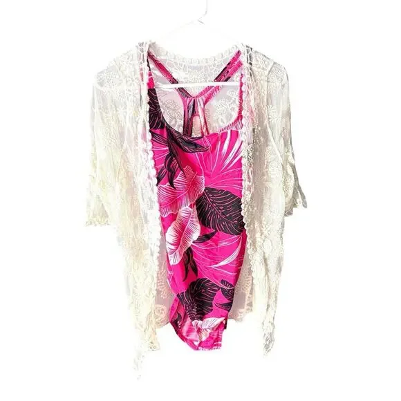 Speedo One Piece Swimsuit Size 12 Pink Tropical Print Racerback - Picture 11 of 12